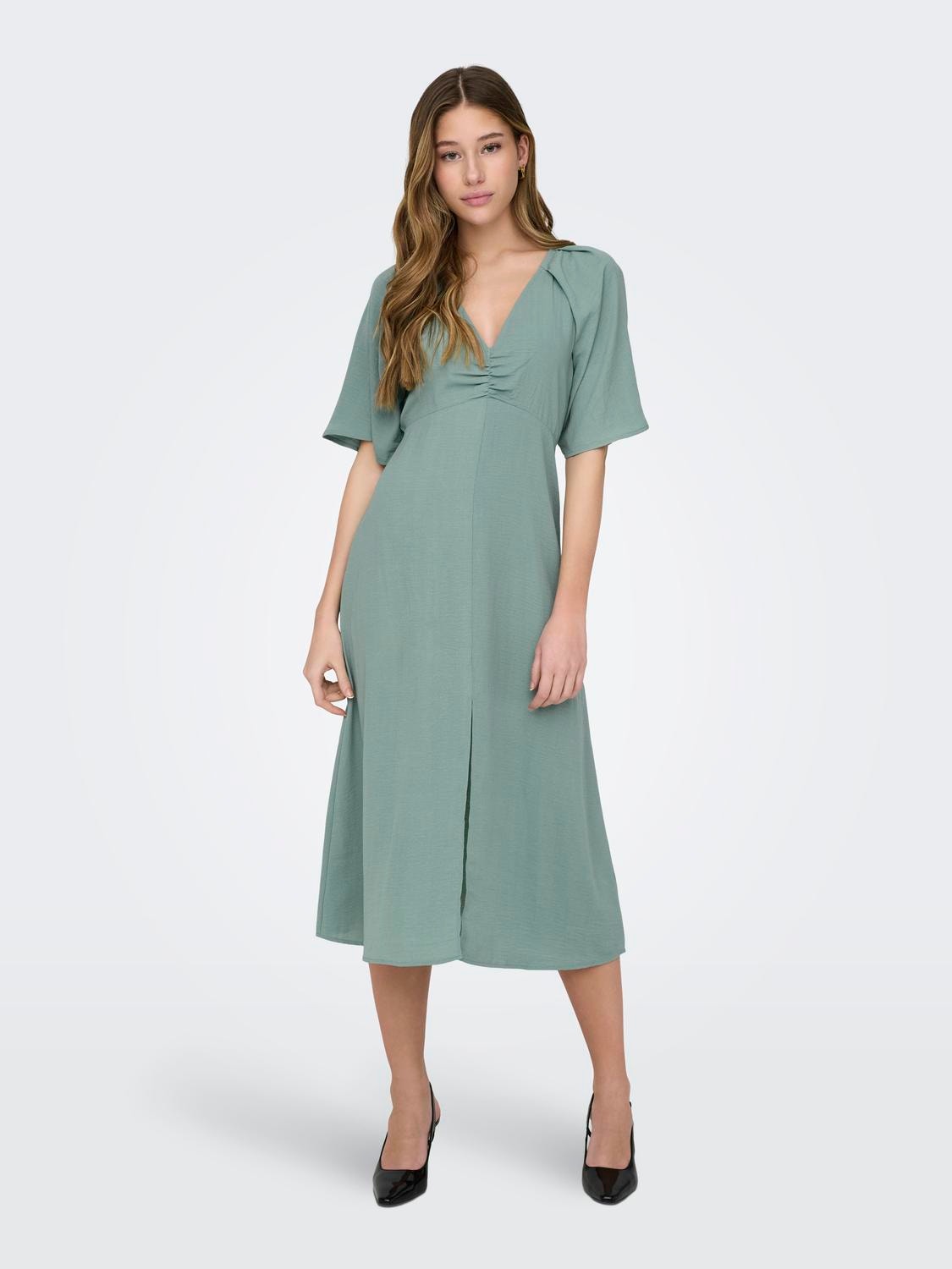 ONLY Normal geschnitten Rundhals Voluminöser Armschnitt Midikleid -Chinois Green - 15325030