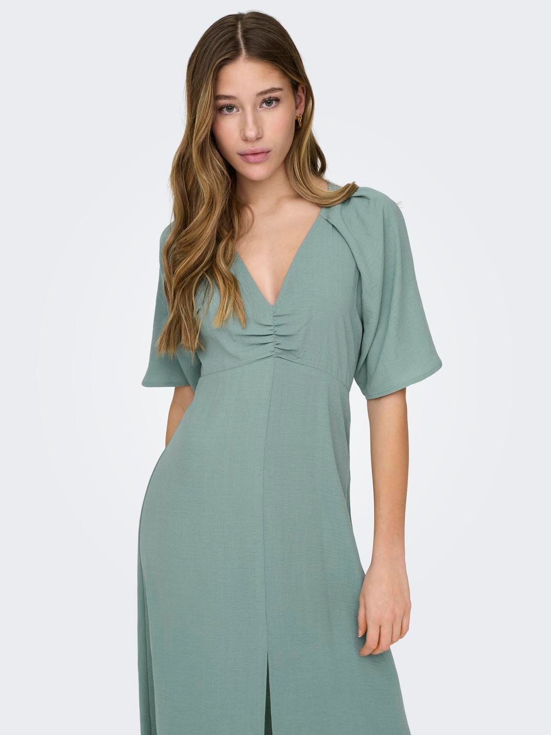 ONLY Normal geschnitten Rundhals Voluminöser Armschnitt Midikleid -Chinois Green - 15325030