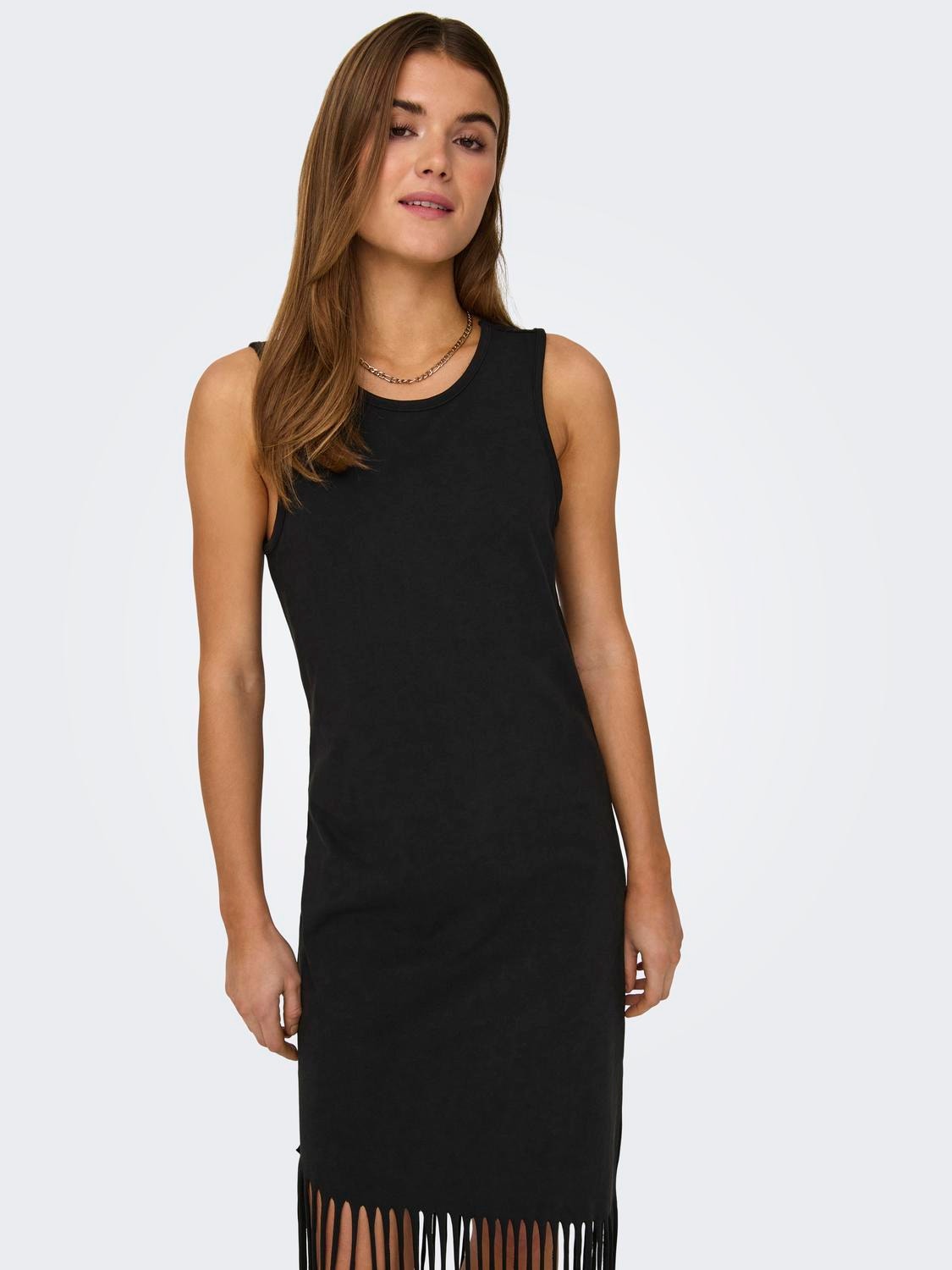 ONLY Maxi o-hals kjole med frynser -Black - 15325497