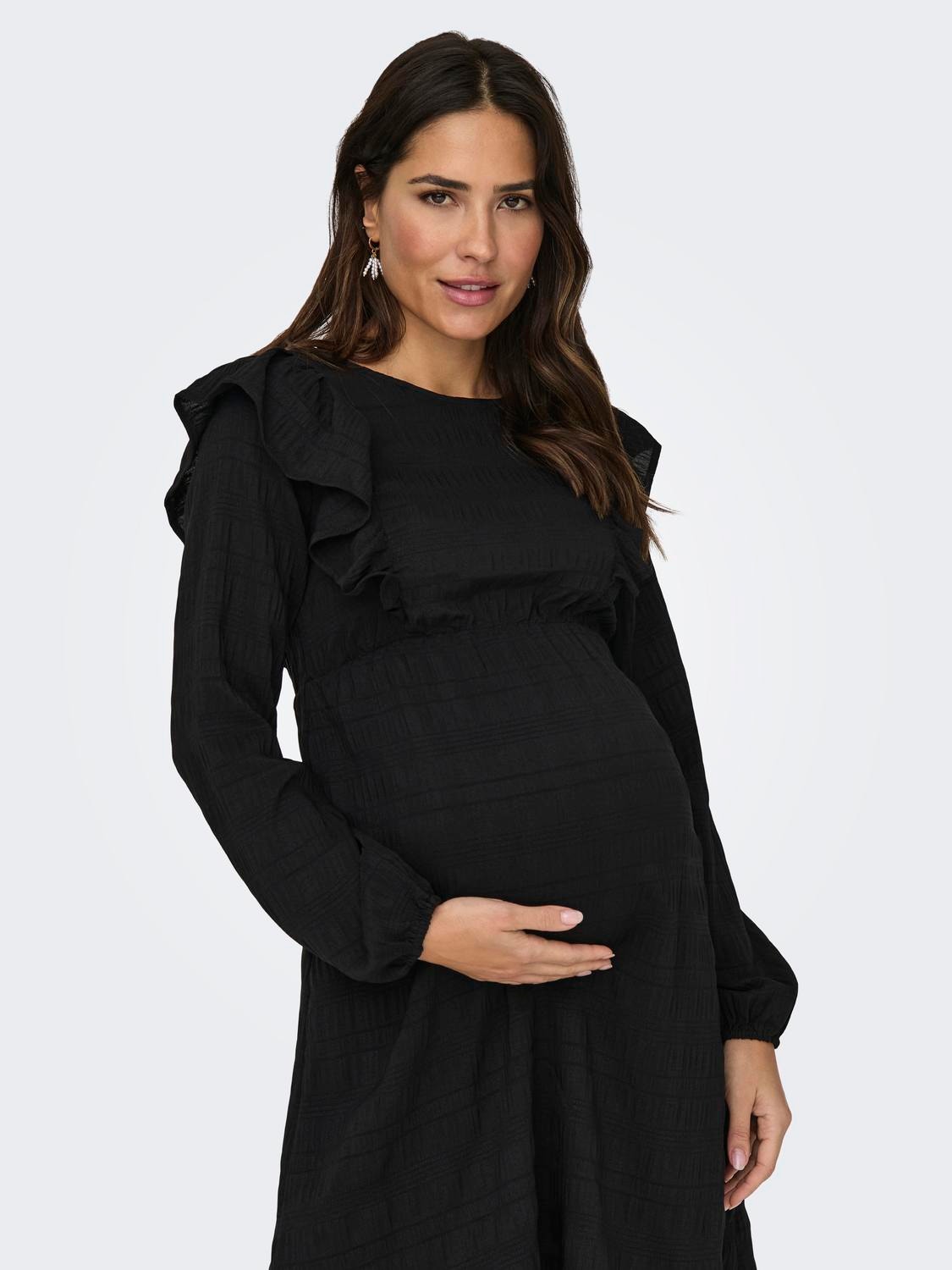ONLY Normal geschnitten Rundhals Maternity Elastische Bündchen Voluminöser Armschnitt Kurzes Kleid -Black - 15326973