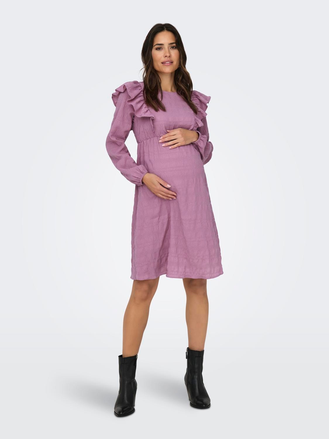 ONLY Regular Fit Round Neck Maternity Elasticated cuffs Volume sleeves Short dress -Rose Brown - 15326973