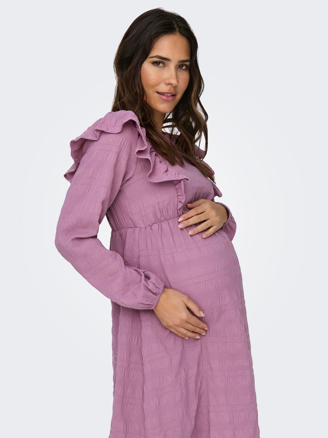 ONLY Regular Fit Round Neck Maternity Elasticated cuffs Volume sleeves Short dress -Rose Brown - 15326973