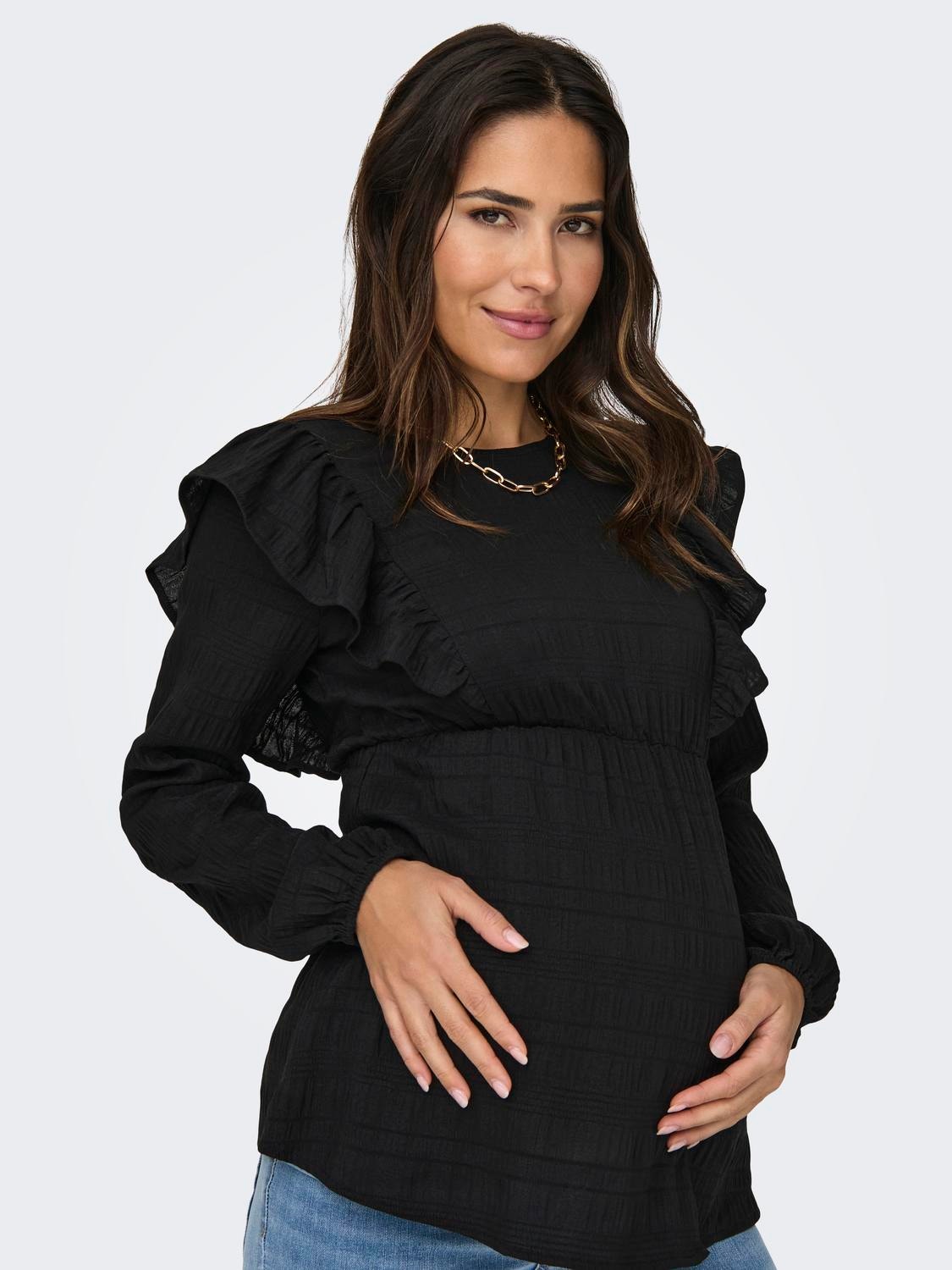 ONLY Normal geschnitten Rundhals Maternity Elastische Bündchen Voluminöser Armschnitt Top -Black - 15326975