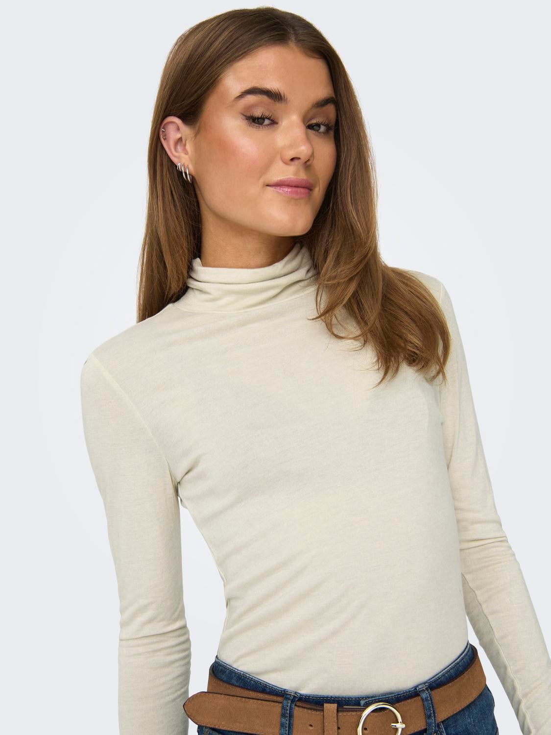 Only lettuce edge high neck ribbed top in brown