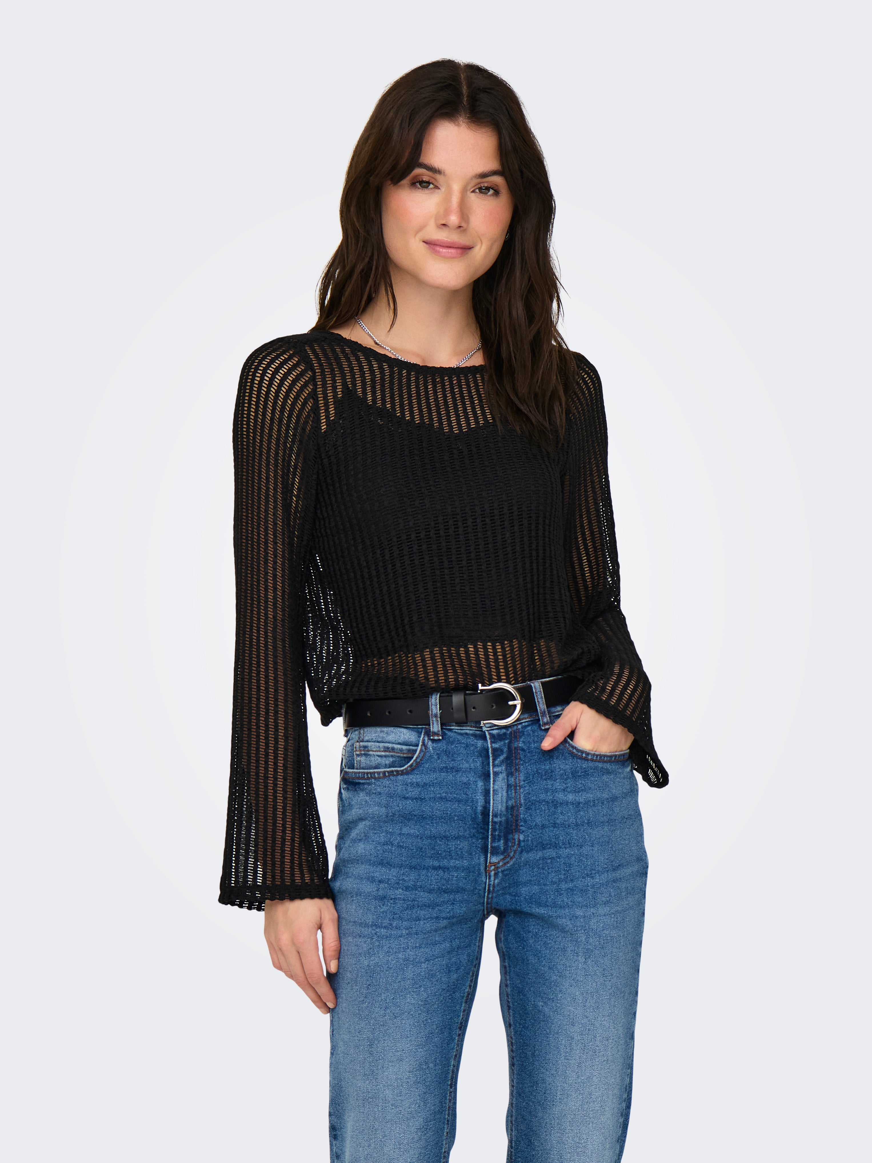 CHICTRY Damen Transparent Netz Oberteil Sexy Kurz Bauchfrei Langarm