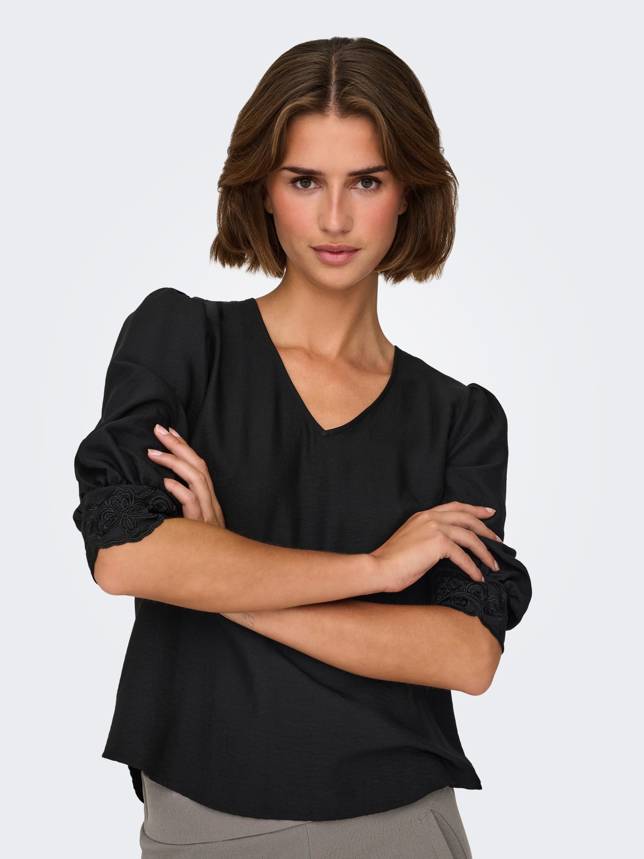 ONLY Redovno prianjanje V-izrez Rukavi za glasnoću Vrh -Black - 15330402