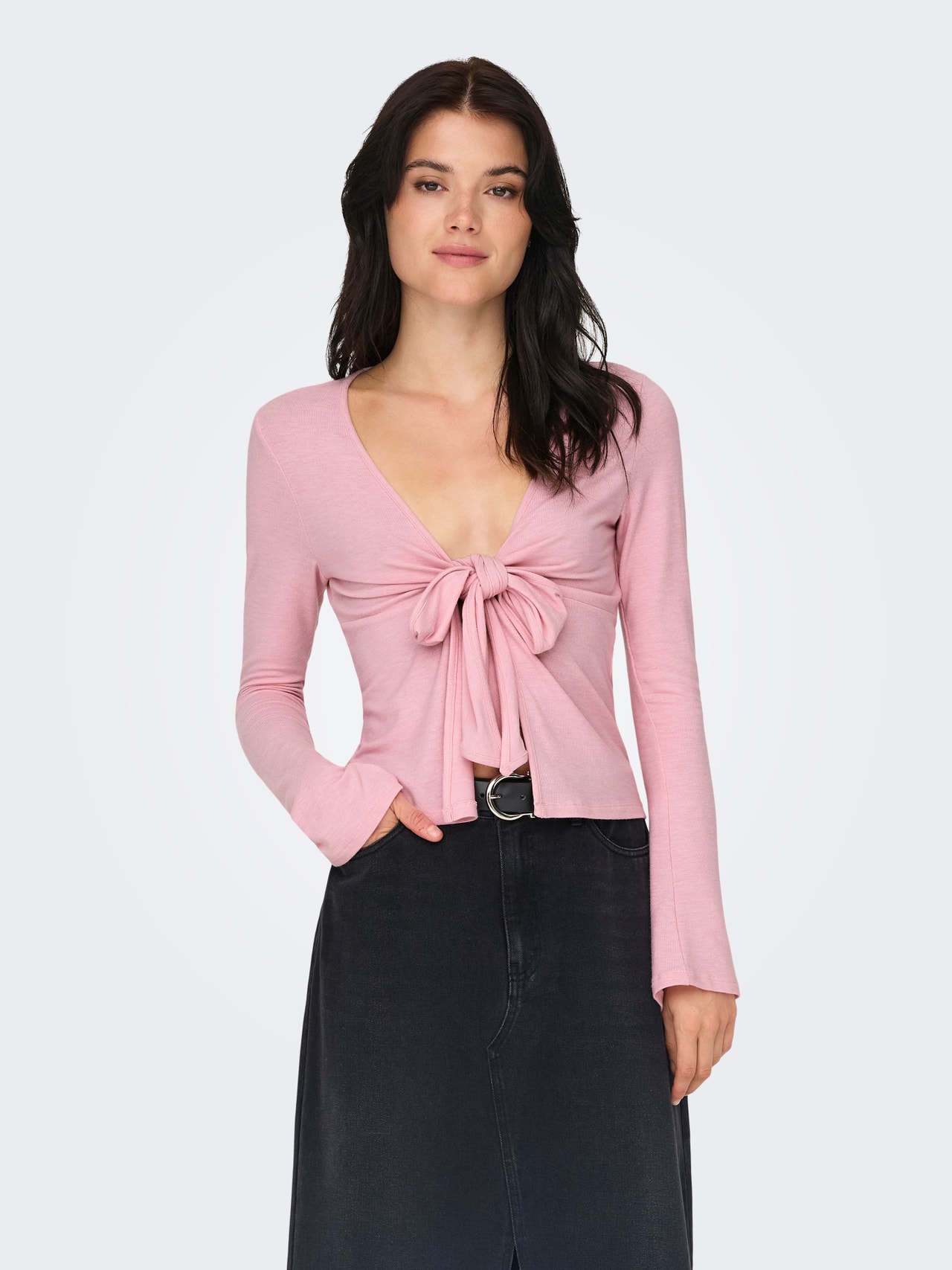 ONLY V-neck top with bow detail -Bleached Mauve - 15332971