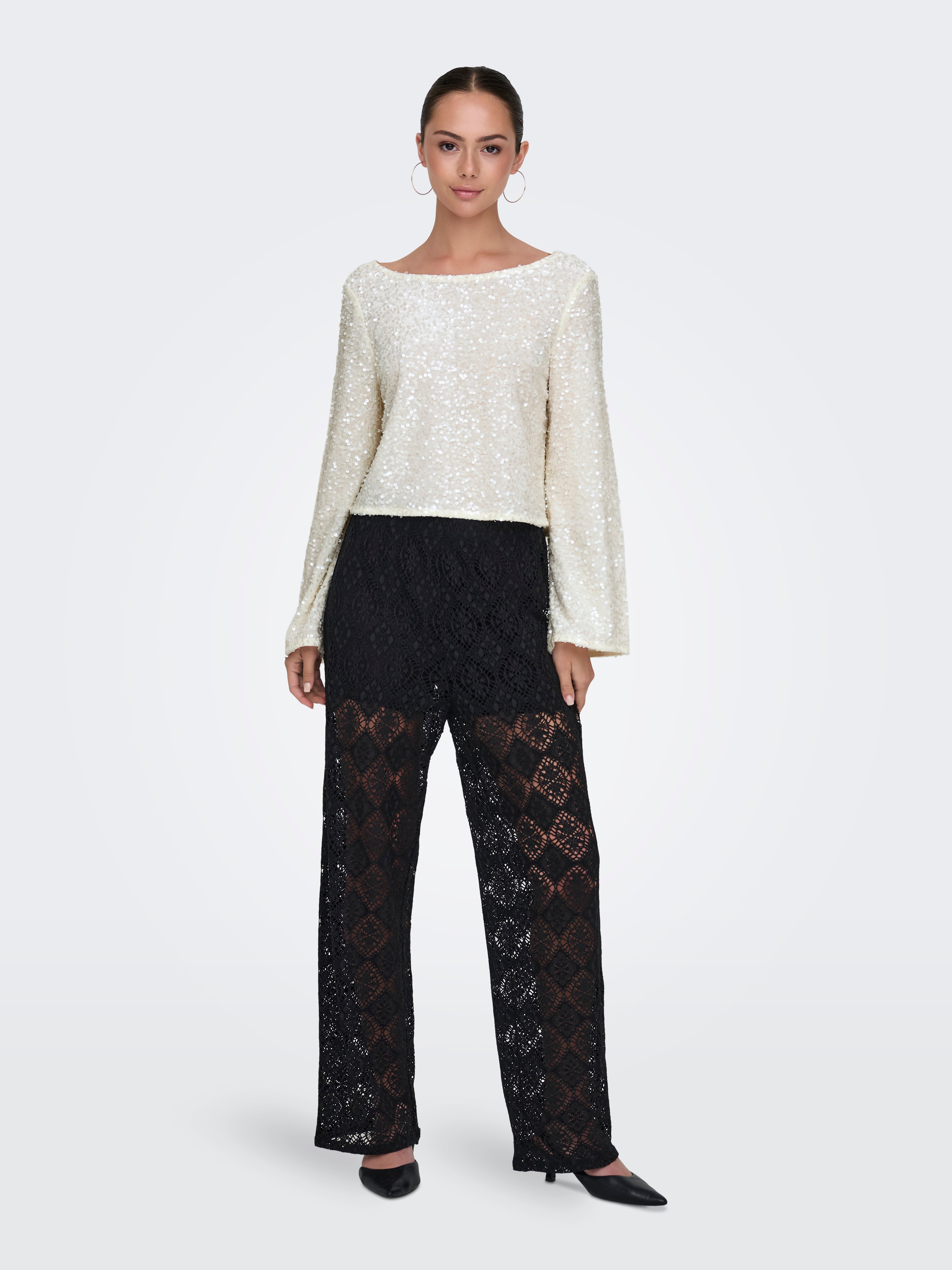 White Linen & Viscose Lace V-Neck Top | Moshulu