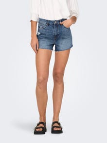 ONLY Normal geschnitten Hohe Taille Offener Saum Shorts -Medium Blue Denim - 15338726