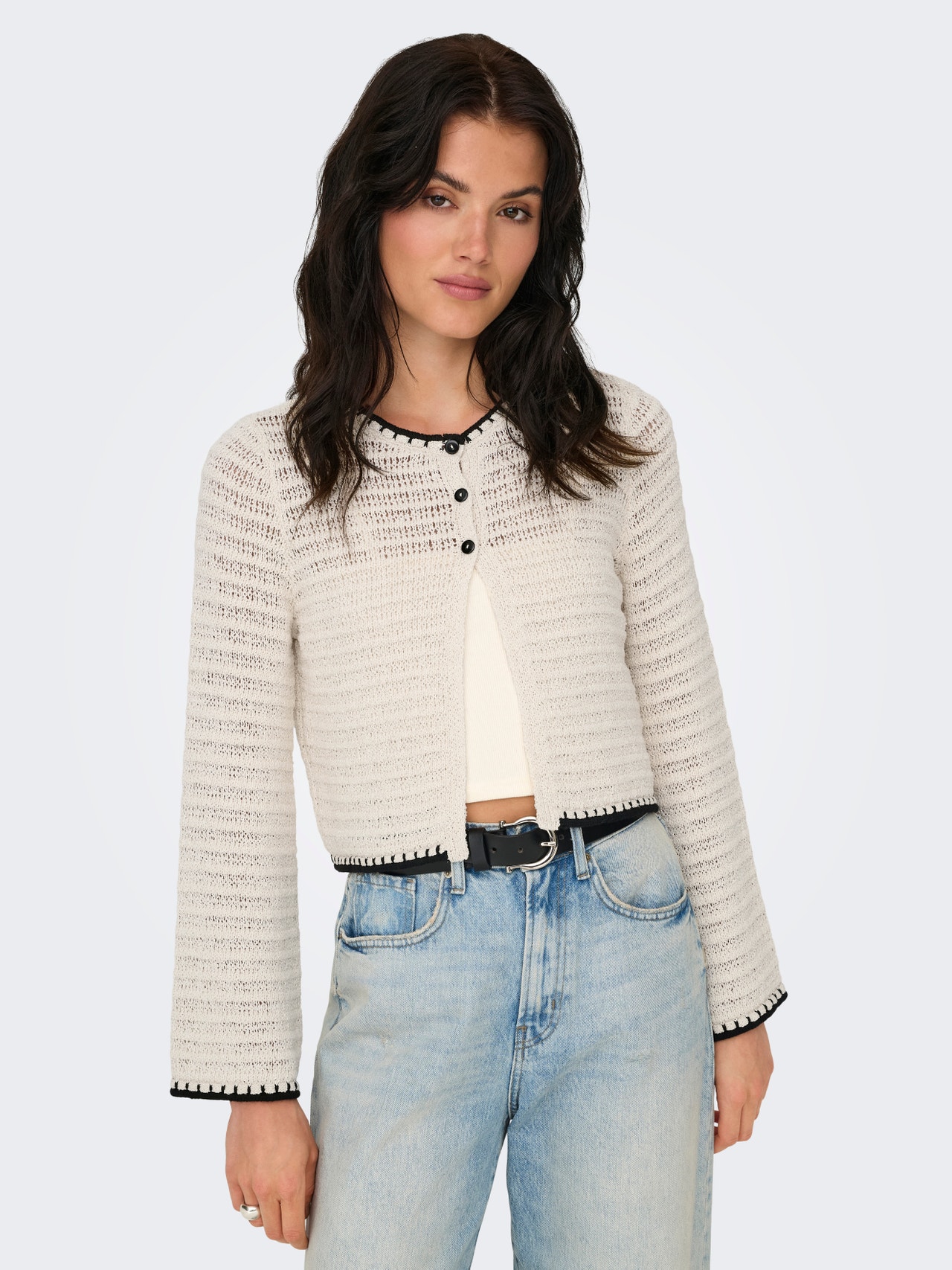 ONLY Short o-neck knitted cardigan -Ecru - 15340905