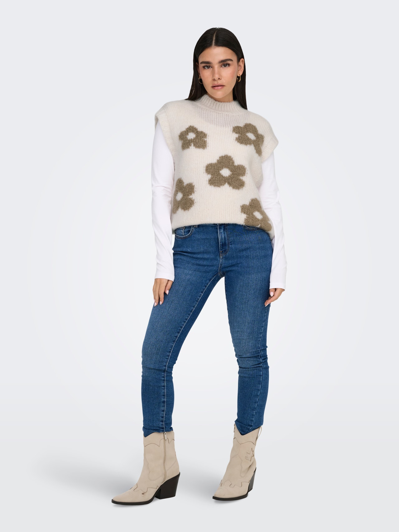 ONLY Plesti stane Visoki vrat Rebraste lisice Pleteni prsluk -Ecru - 15342263