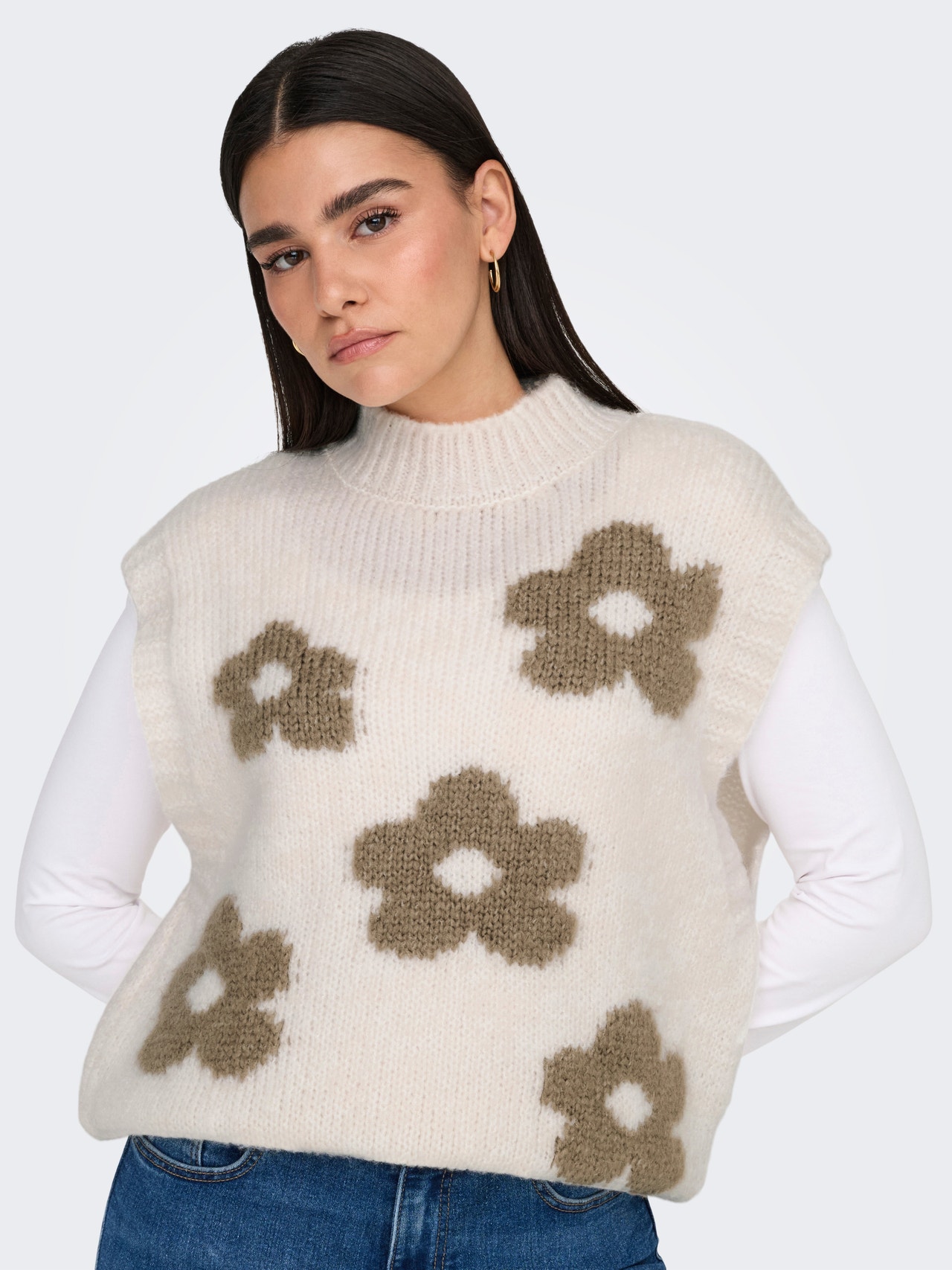 ONLY Plesti stane Visoki vrat Rebraste lisice Pleteni prsluk -Ecru - 15342263