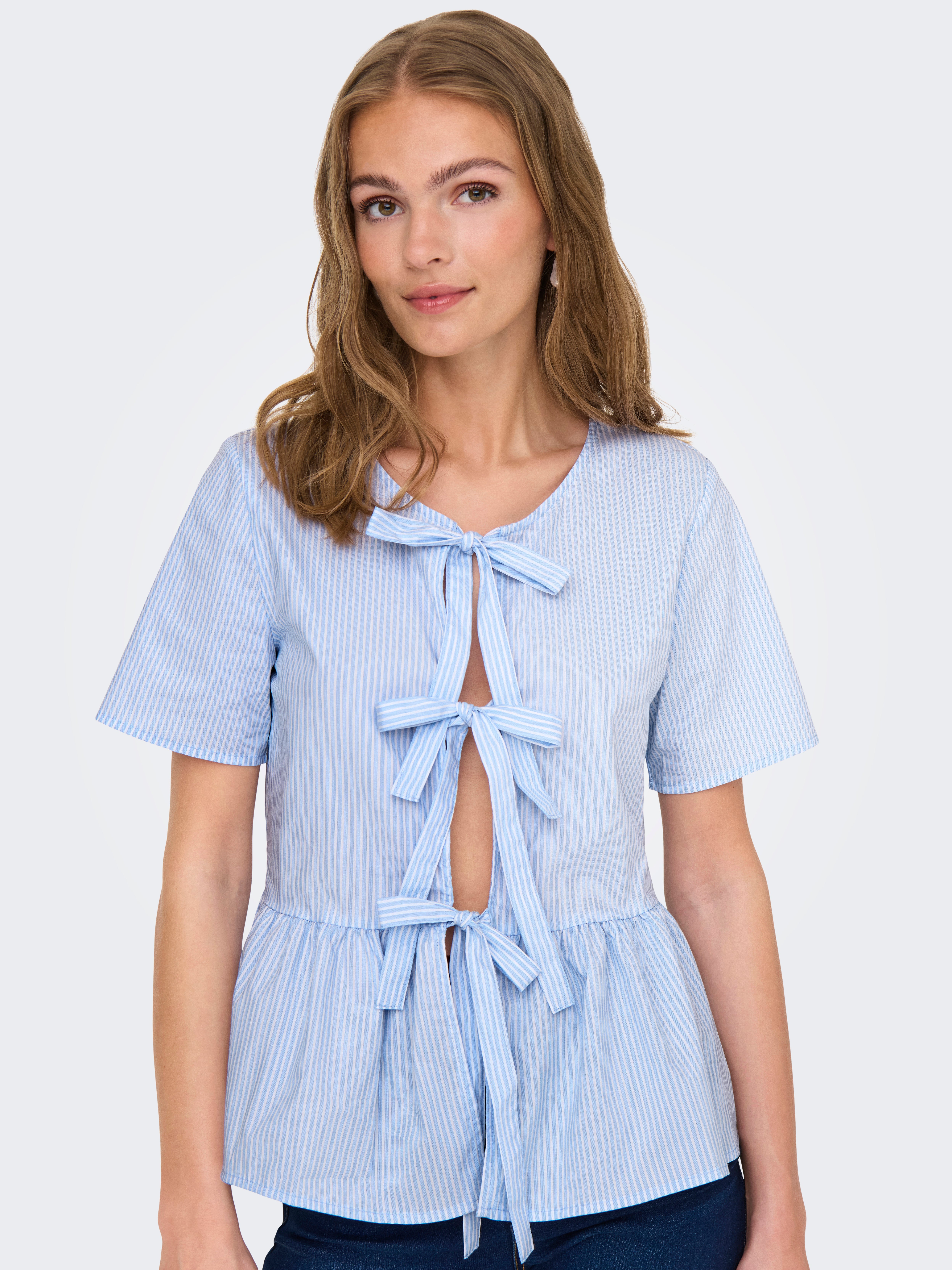 売れ筋商品|||ラッキーブランド カットソー トップス レディース Women's Cotton Puff-Sleeve Peplum Top Blue Stripe JDYMIO Peplum top | Medium Blue | ONLY®