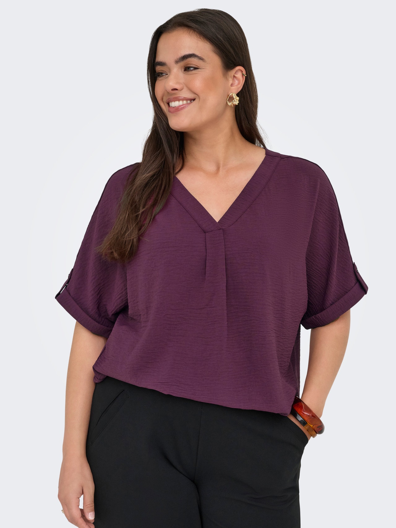 ONLY Redovno prianjanje V-izrez Sklopive lisice Rukavi za šišmišanje Vrh -Mauve Wine - 15355726