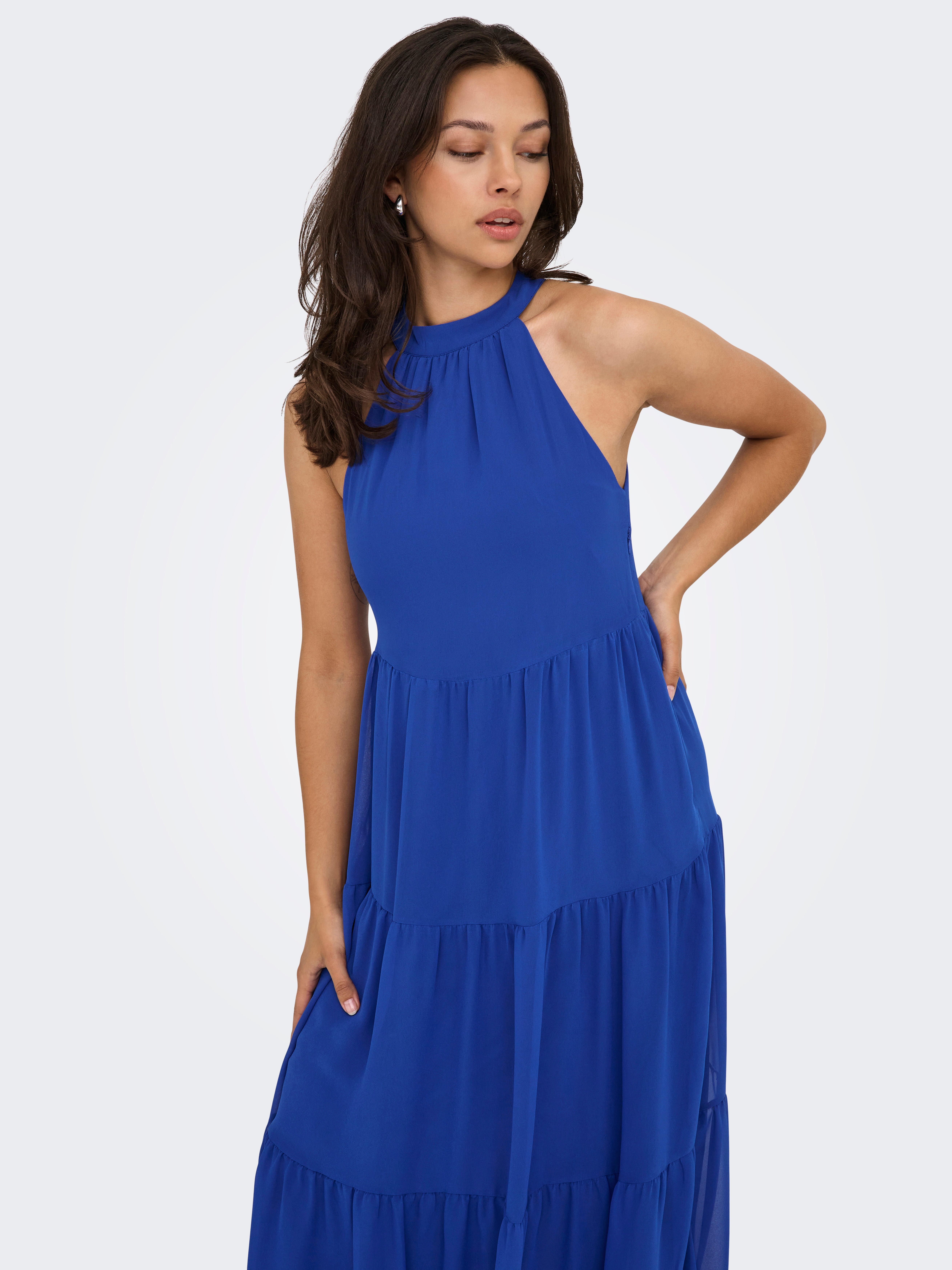 ONLY halterneck tiered maxi dress in bright blue ONLY halterneck tiered maxi dress in bright blue