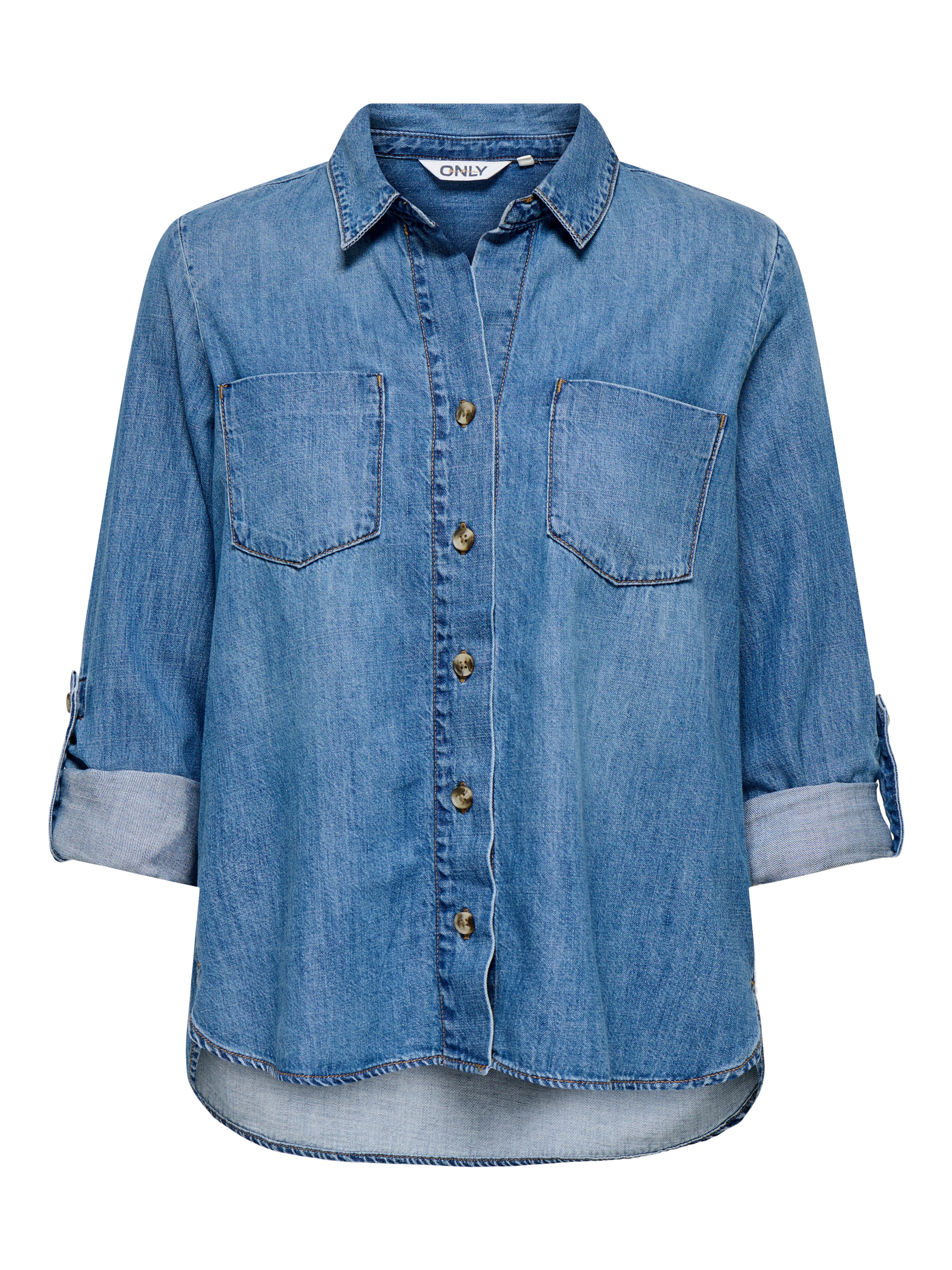 Normal Geschnitten Hemdkragen Umgeschlagene Ärmelbündchen Jeanshemd
