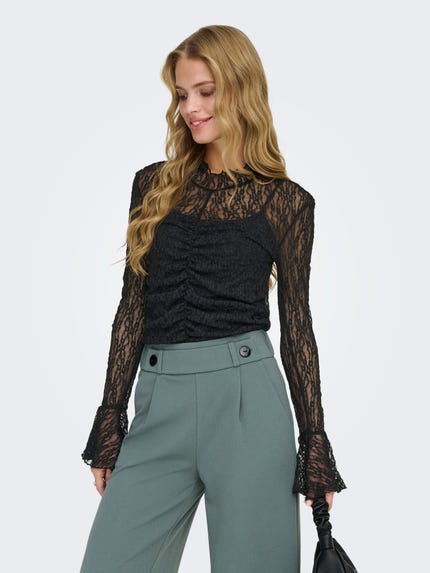 ONLY Onltilde L/S High Neck Lace Top Jrs Noos Ladies Long Sleeves, Dark Grey Melange/Detail: black lace ONLY Onltilde L/S High Neck Lace Top Jrs Noos Ladies Long Sleeves, Dark Grey Melange/Detail: black lace