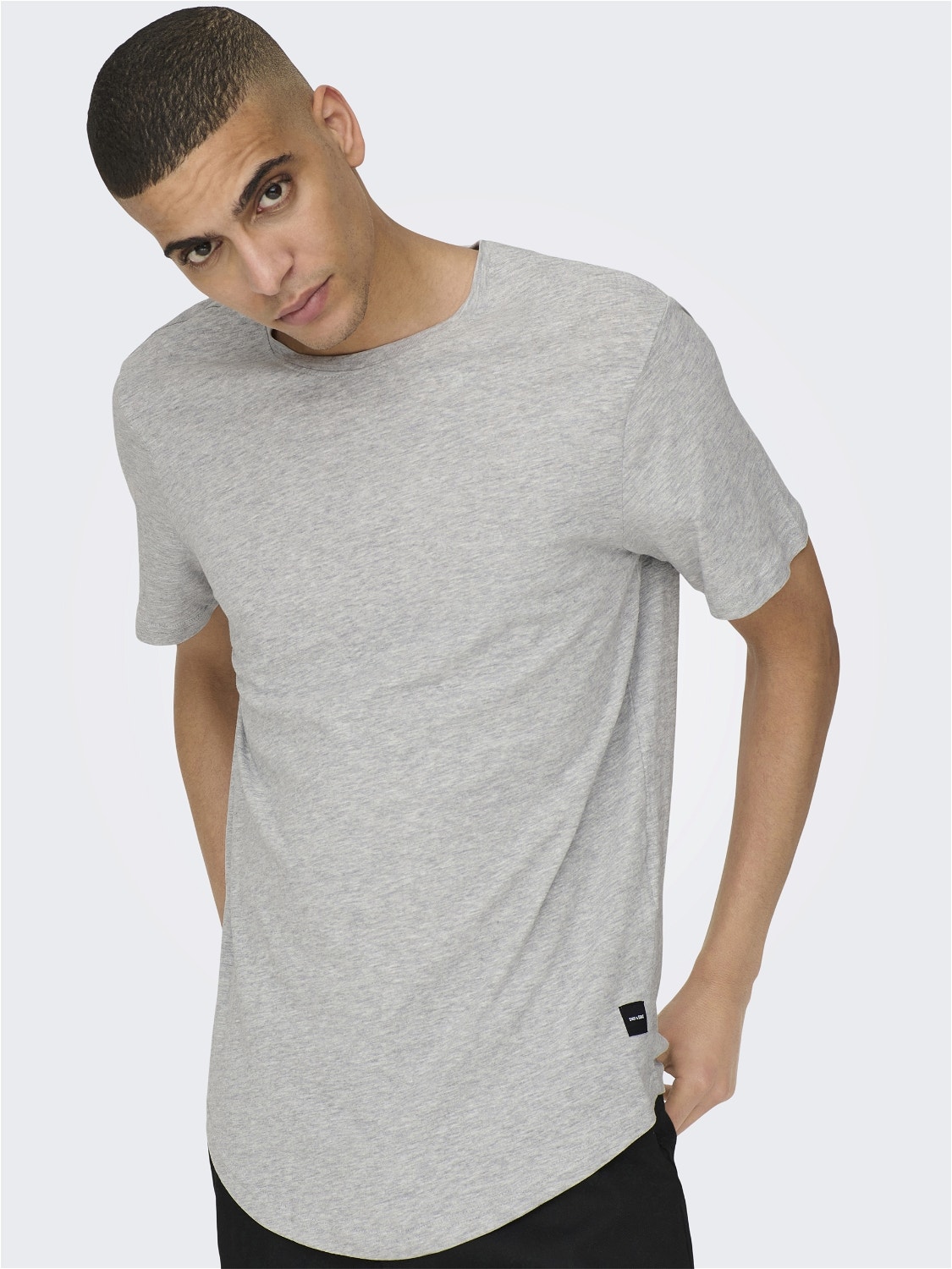 ONLY & SONS Long Line Fit Round Neck T-Shirt -Light Grey Melange - 22002973