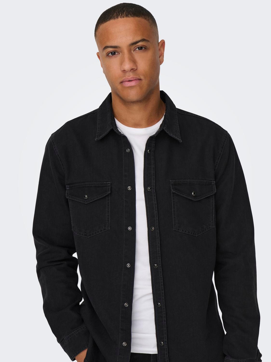 ONLY & SONS Denim shirt with chest pockets -Dark Grey Denim - 22023247