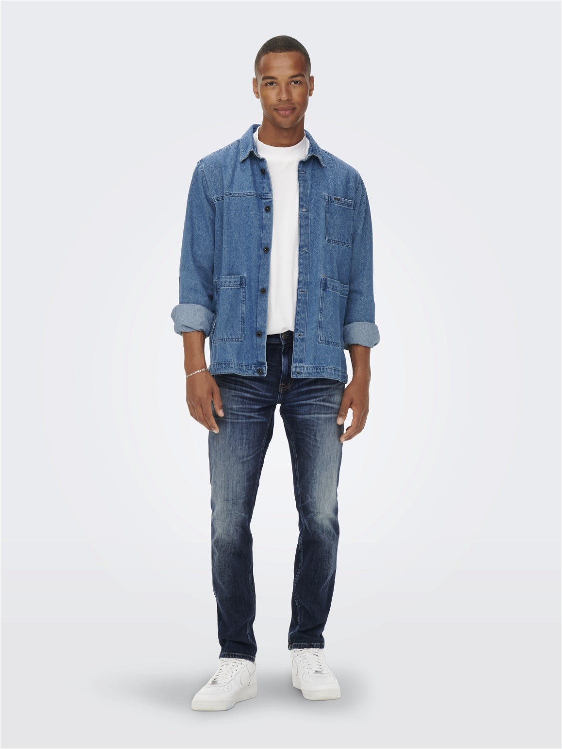 Dark blue jeans with light blue denim on sale jacket