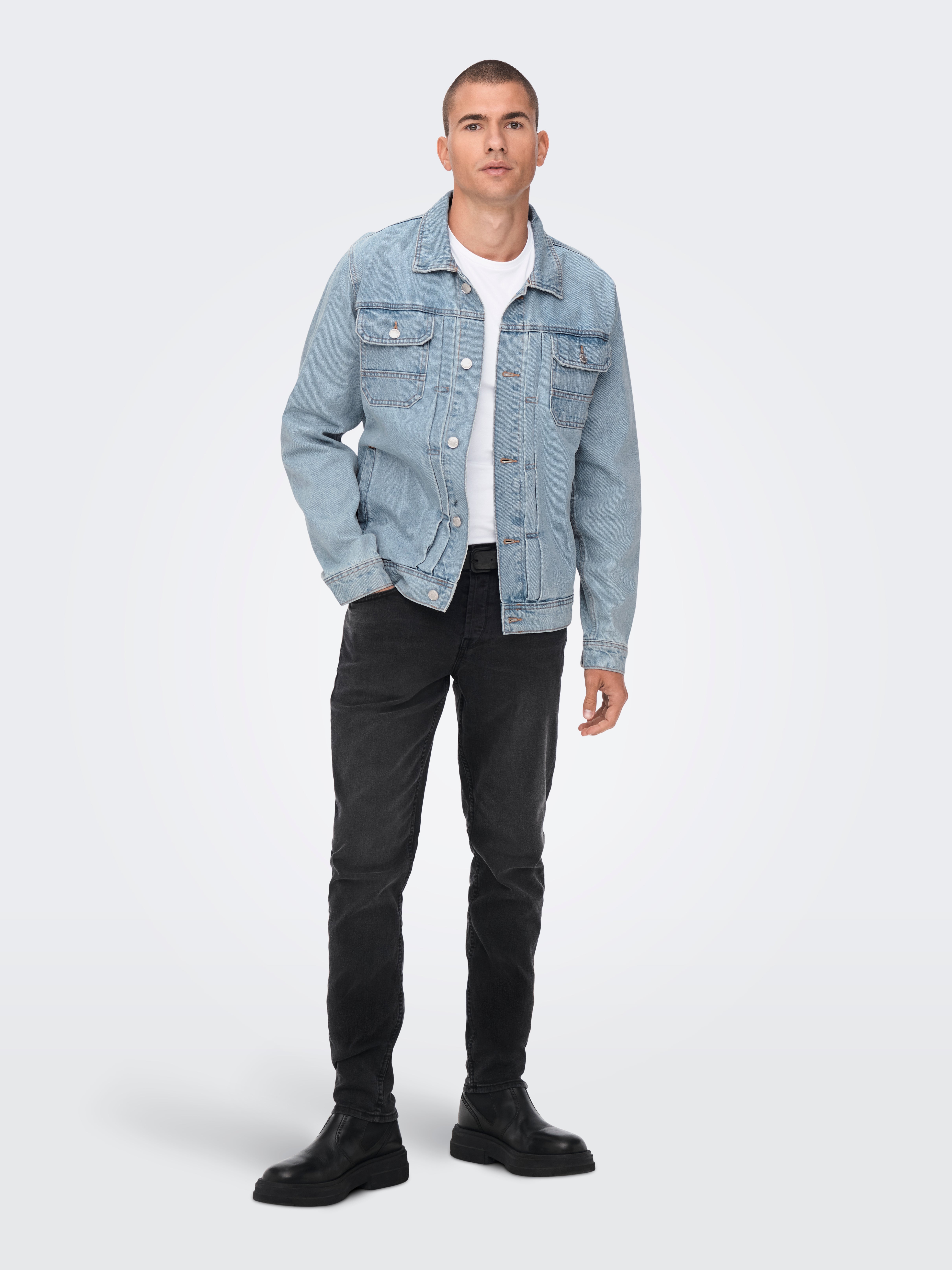 Men's Navy Denim Jacket, Black Crew-neck T-shirt, Blue Ripped Jeans, Black  and White Canvas High Top Sneakers | Lookastic