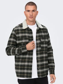 ONLY & SONS Checked Loose Fit Shacket with sherpa collar -Canteen - 22023571