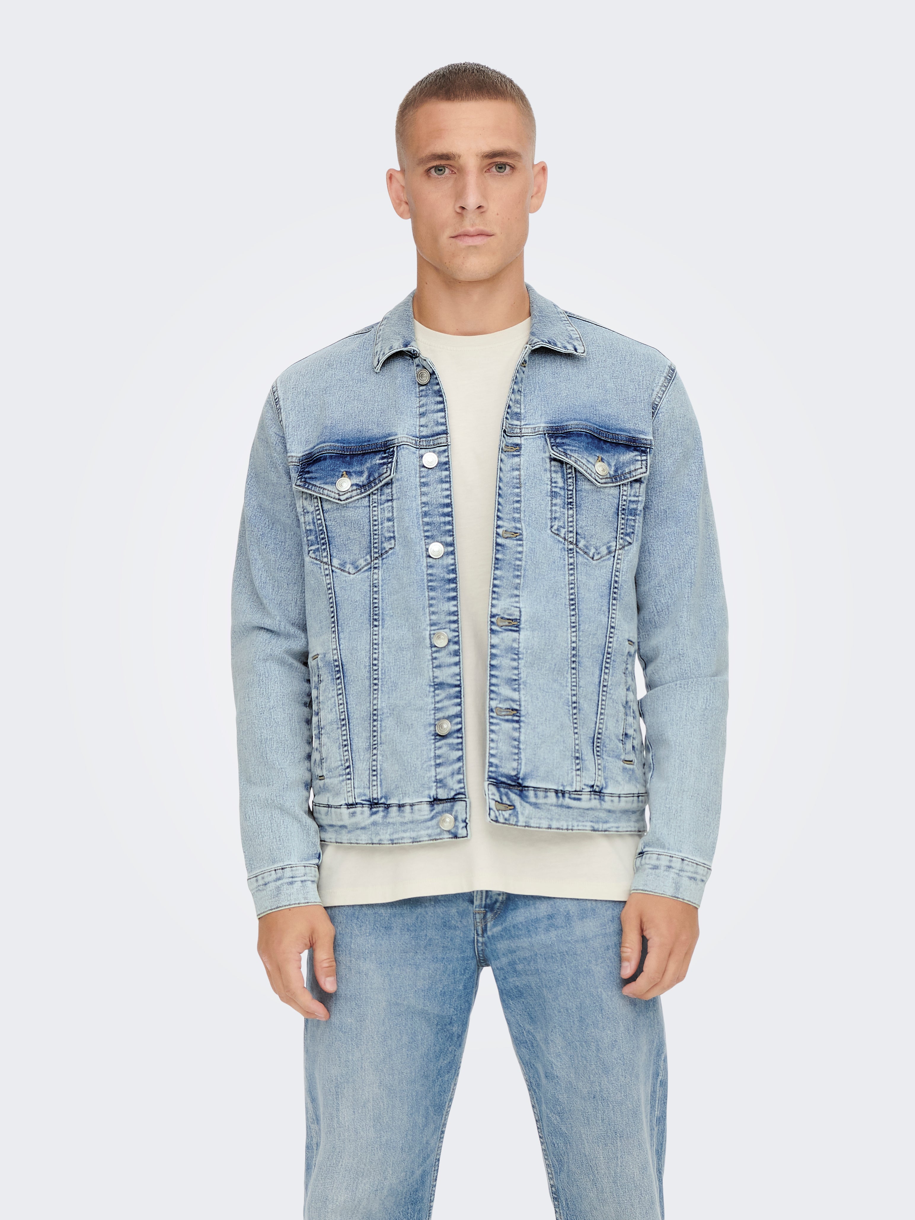 Light blue distressed denim jacket sale mens