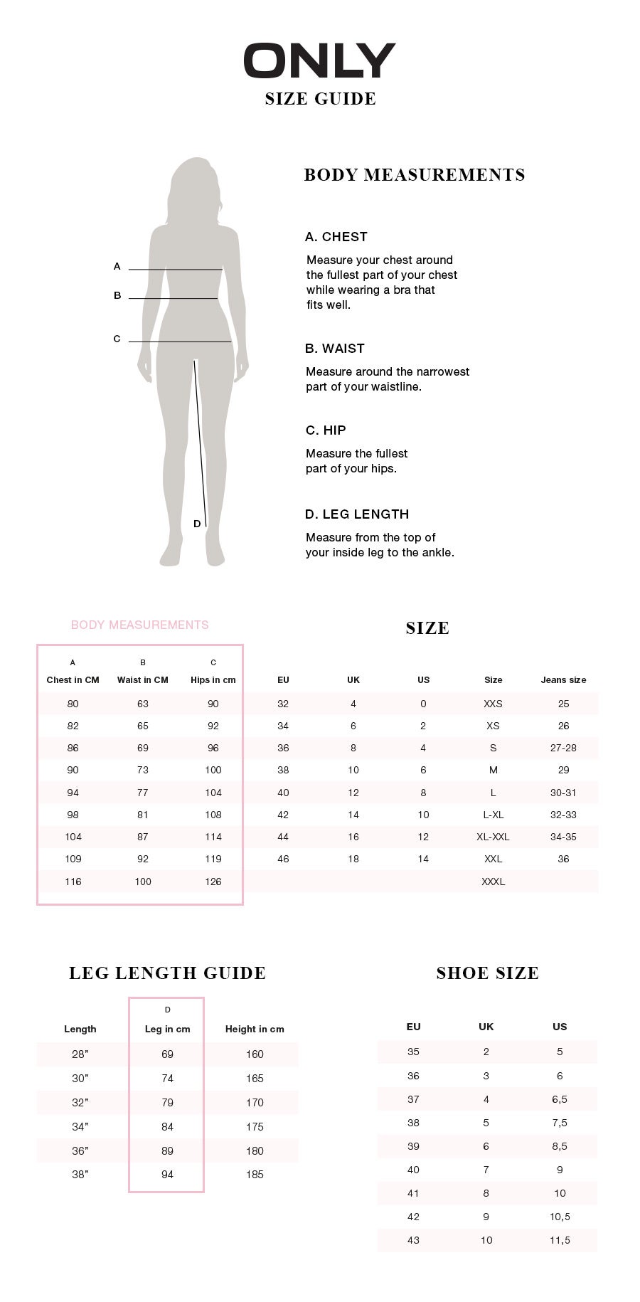 ONLY sizeguide | Find the perfect size
