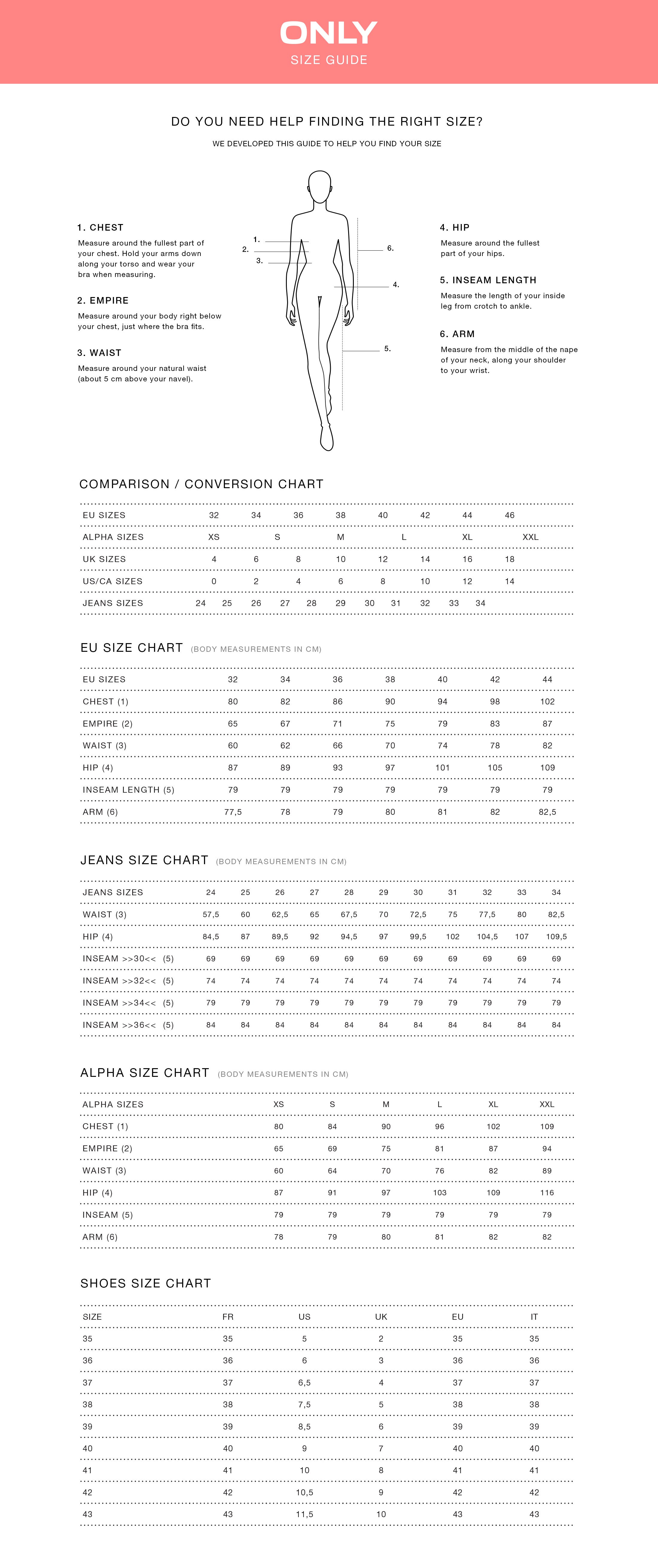 Only jeans cheap size guide