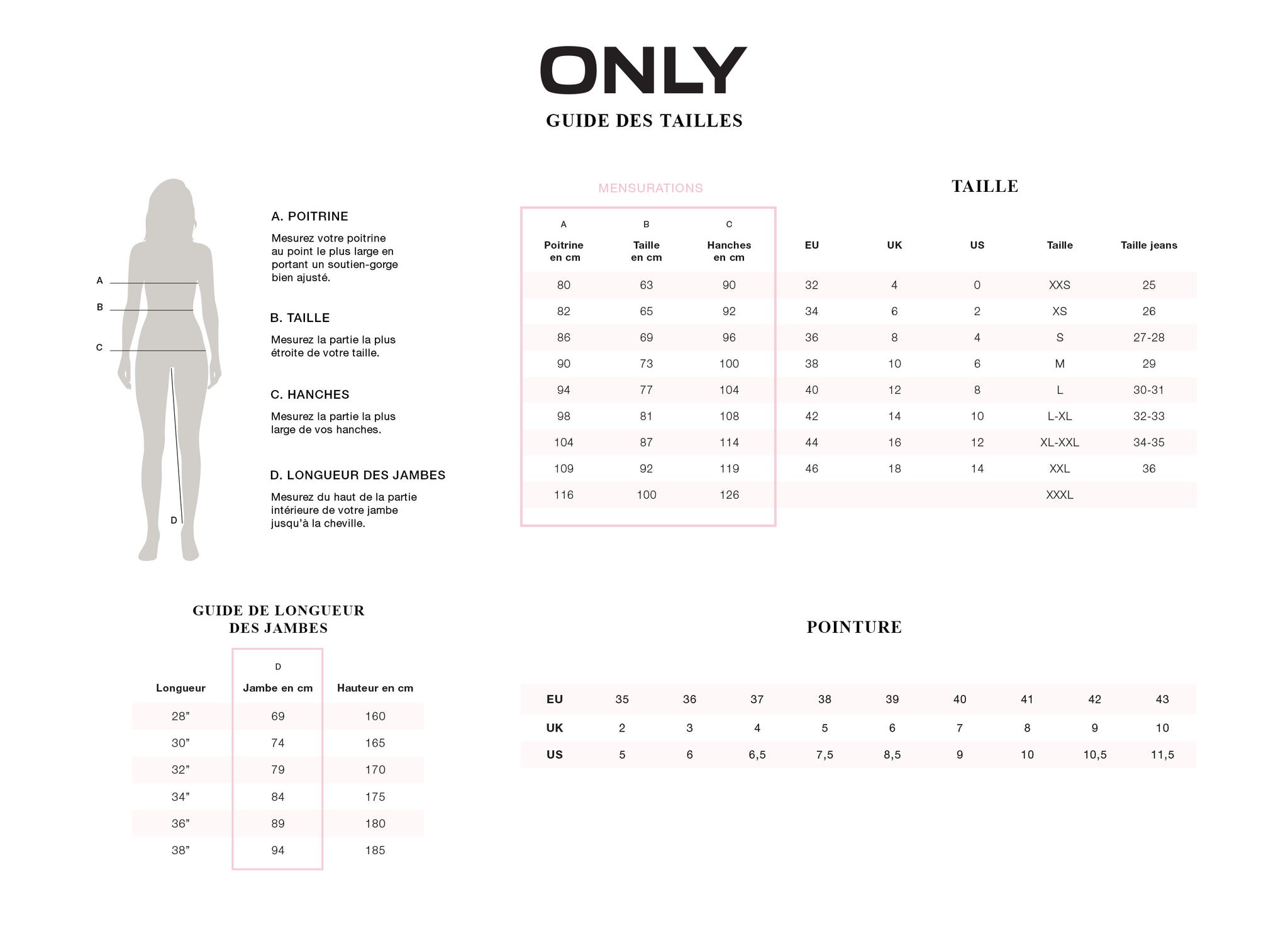 Guide des tailles ONLY | Trouvez la taille parfaite
